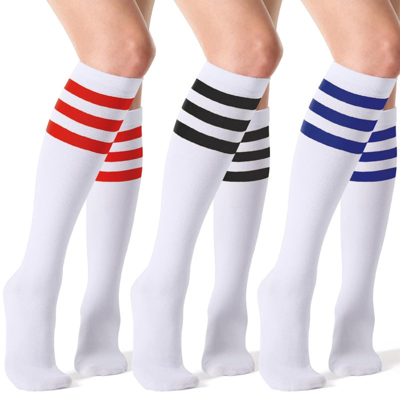Joulli Women's Knee High Athletic Socks Stripe Tube Outdoor Sport Socks 3 Pairs, White Mix - Image 1